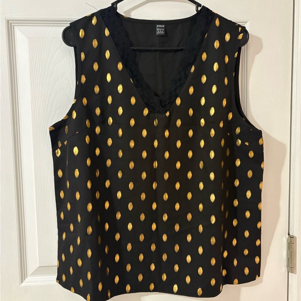 SHEIN Black & Gold Polka Dot V-Neck Lace Trim Tank | XL (US 12)